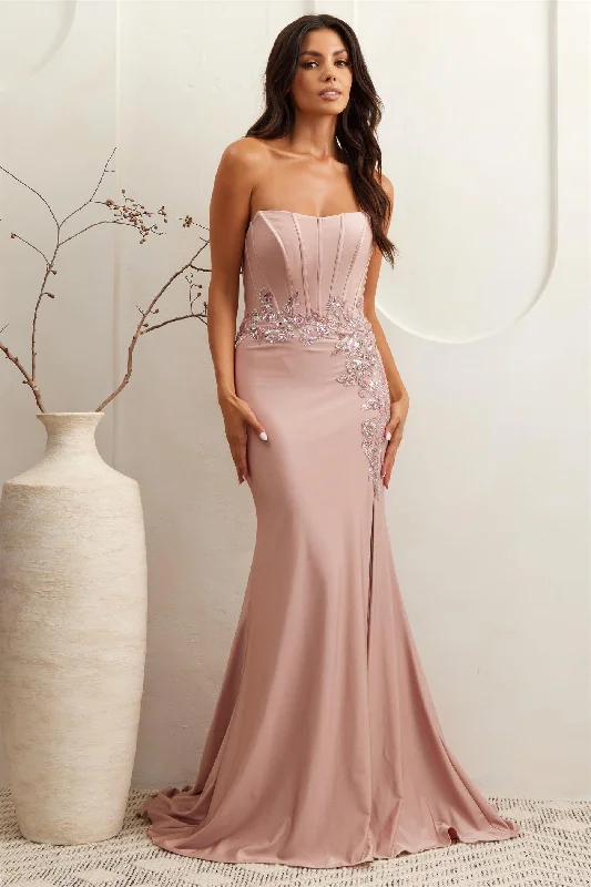 Comfortable wedding guest dresses for dancing all night -Fitted Strapless Corset Slit Gown by Amelia Couture 7057