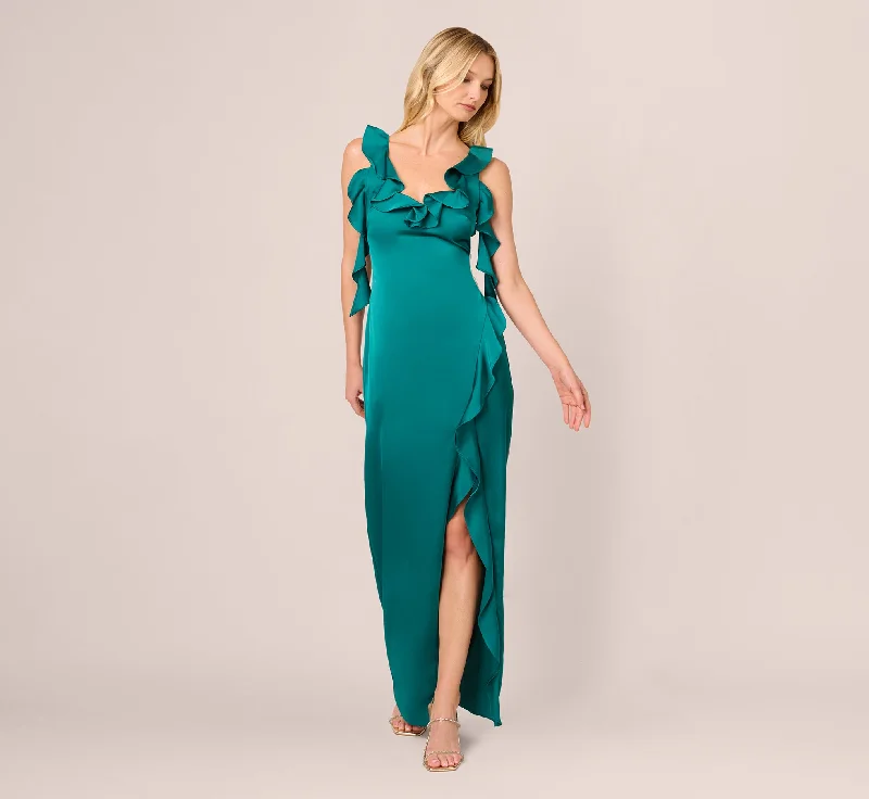 formal dresses for weddings with lace detailing --Stretch Satin Ruffle Long Dress In Deep Emerald
