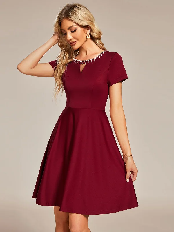 Sophisticated satin cocktail dresses for ladies -Round Neck Rhinestone Mini Wholesale Homecoming Cocktail Dresses