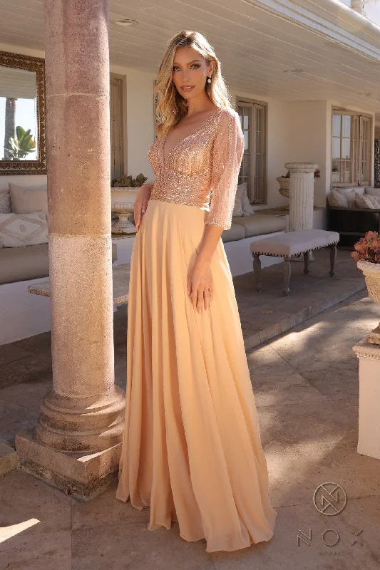 Wedding guest dresses with delicate pleats for added texture -Embellished 3/4 Sleeve A-line Gown by Nox Anabel MF101