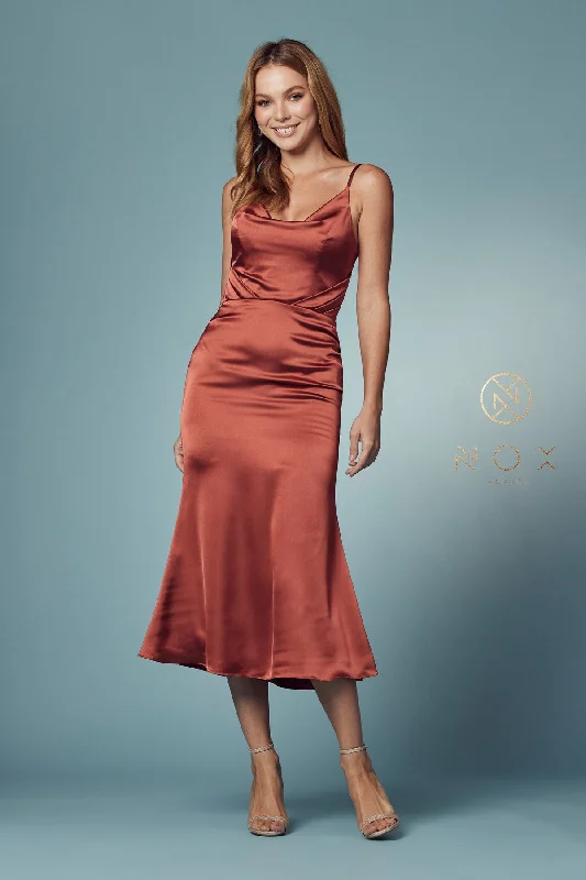 bridesmaid dresses with lace overlays for vintage charm --Cowl Neck Midi Dress by Nox Anabel R1027