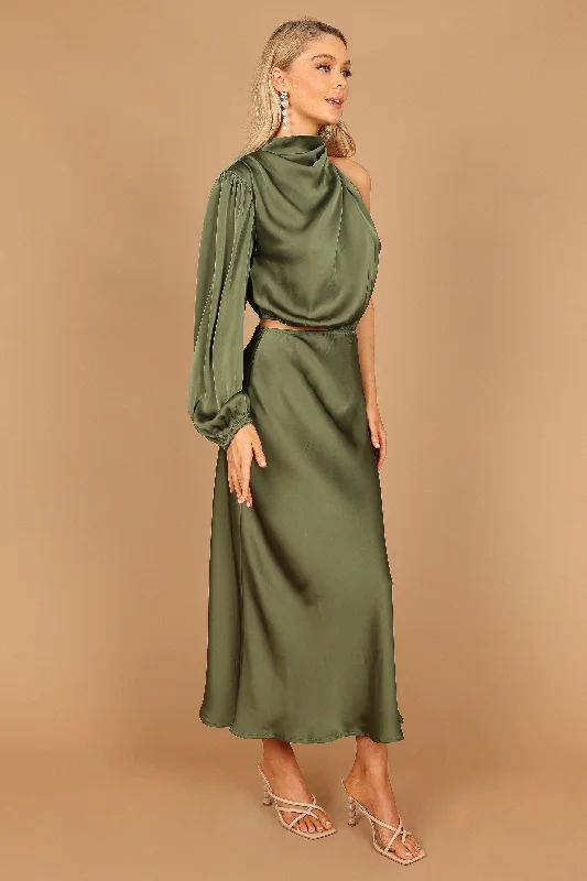 formal dresses with sheer panels for modern style --Amelie One Shoulder Midi Dress - Olive