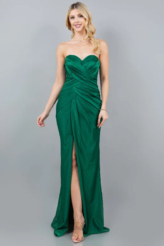bridesmaid dresses with off-shoulder sleeves for summer --Fitted Ruched Strapless Slit Gown by Cinderella Couture 8095J