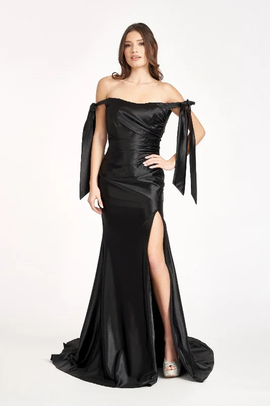 bridesmaid dresses with tiered ruffles for playful style --Fitted Off Shoulder Satin Gown by Elizabeth K GL3059
