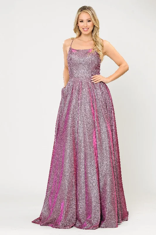 Gorgeous floral wedding guest dresses for spring celebrations -Long Iridescent Glitter Dress with Open Corset Back by Poly USA 8574