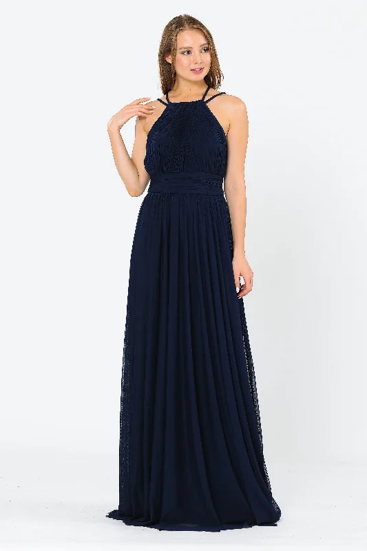bridesmaid dresses for beach weddings with light fabrics --Long Ruched Halter A-line Dress by Poly USA 8396