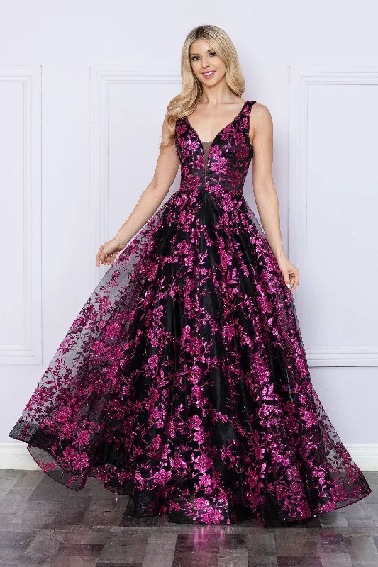cocktail dresses with velvet finishes for winter warmth --Glitter Print Sleeveless A-line Gown by Poly USA 9298