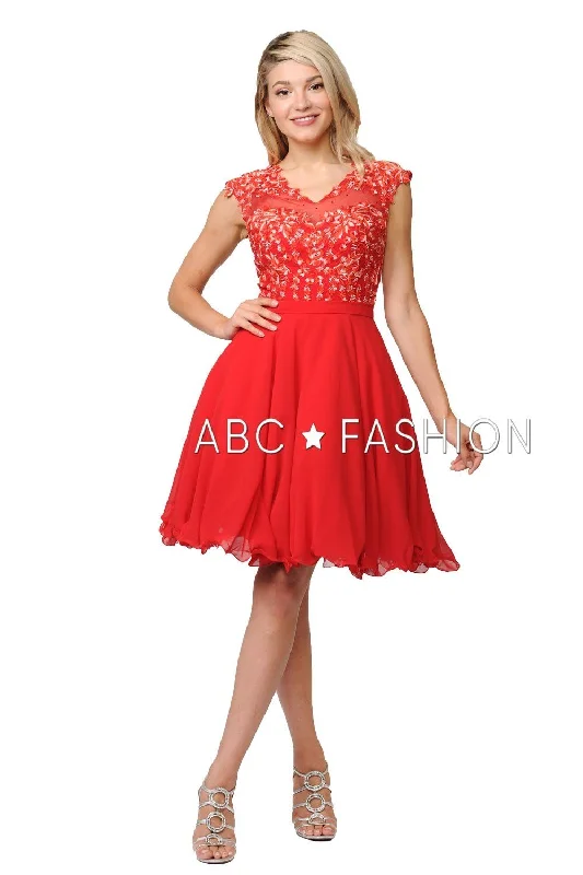 Off-shoulder mini party dresses for a chic look -Short Chiffon Dress with Floral Lace Appliques by Poly USA 8094