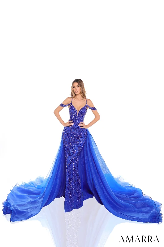 formal dresses for cruise vacations in wrinkle-resistant fabric --Cold Shoulder Overskirt Gown by Amarra 88447