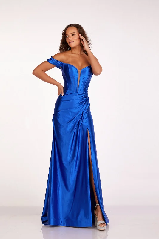 cocktail dresses with mesh inserts for edgy style --Satin Off Shoulder Slit Gown by Abby Paris 90216