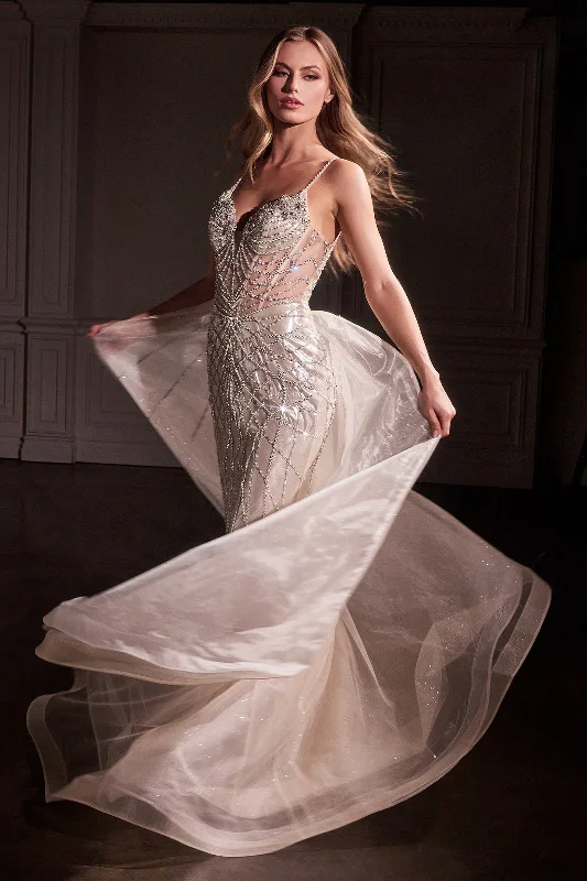 cocktail dresses with satin belts for waist definition --Beaded Sleeveless Overskirt Gown by Ladivine CD763