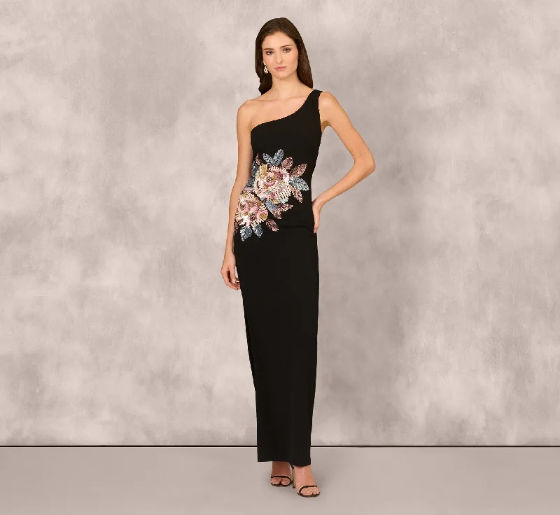 formal dresses with mesh sleeves for subtle coverage --One Shoulder Beaded Floral Detail Long Dress In Black