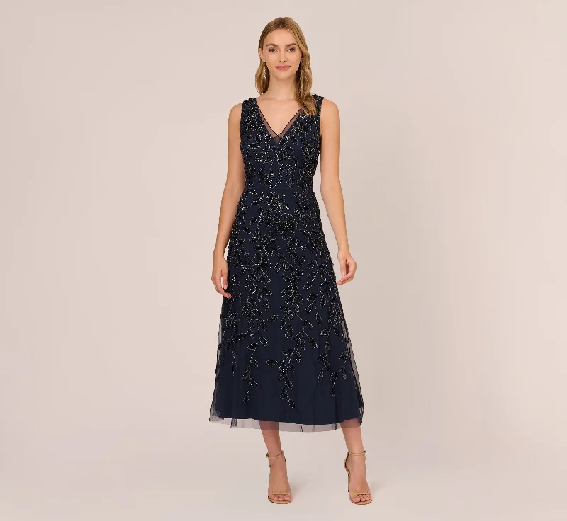 Wedding guest dresses for outdoor spring celebrations -Floral Beaded Ankle Length Sleeveless Gown In Navy
