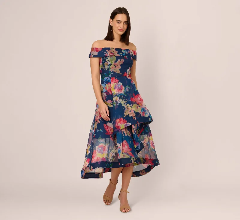 Wedding guest dresses for a beachside ceremony -Off Shoulder Floral Organza High Low Dress In Navy Multi