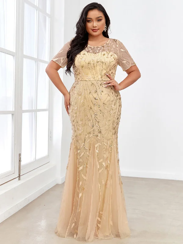 Best cocktail dresses for summer parties -Plus Size Women's Floral Sequin Fishtail Tulle Dresses for Party
