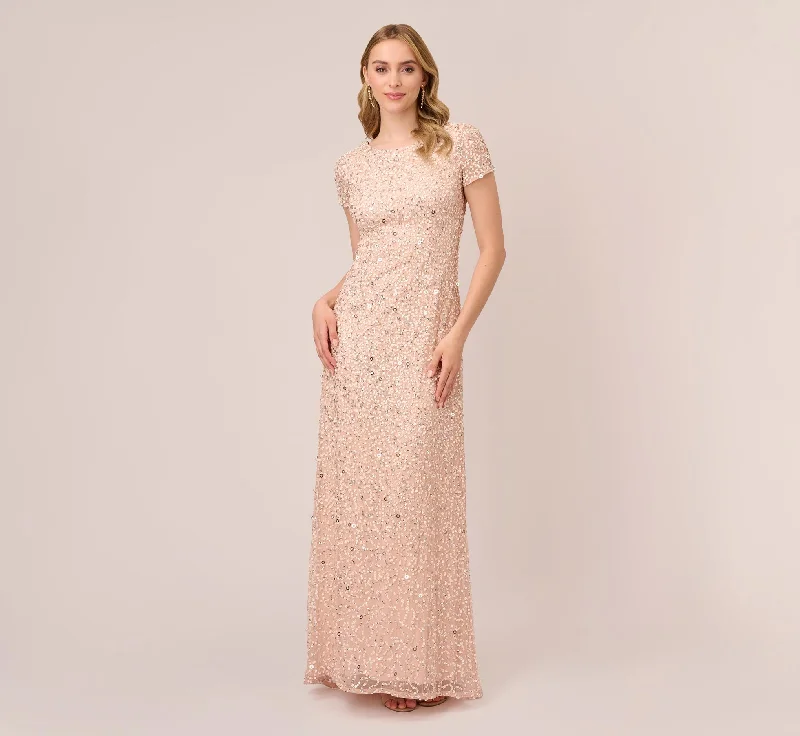 formal dresses with floral appliques for romantic looks --Scoop Back Sequin Gown In Blush