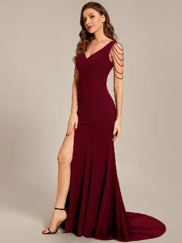 formal dresses with satin fabric for smooth texture --Maxi Long V Neck Sleeveless Beaded Chiffon Wholesale Evening Dress