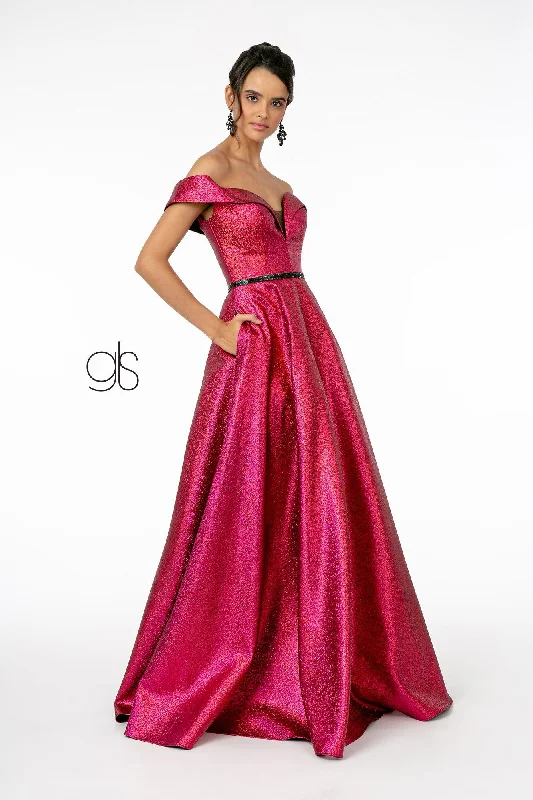 cocktail dresses with open backs for summer parties --Long Off Shoulder Metallic Glitter Dress by Elizabeth K GL2982