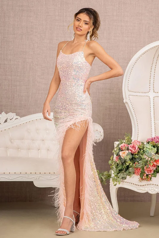 cocktail dresses with long sleeves for cooler weather --Fitted Sequin Feather Slit Gown by GLS Gloria GL3131