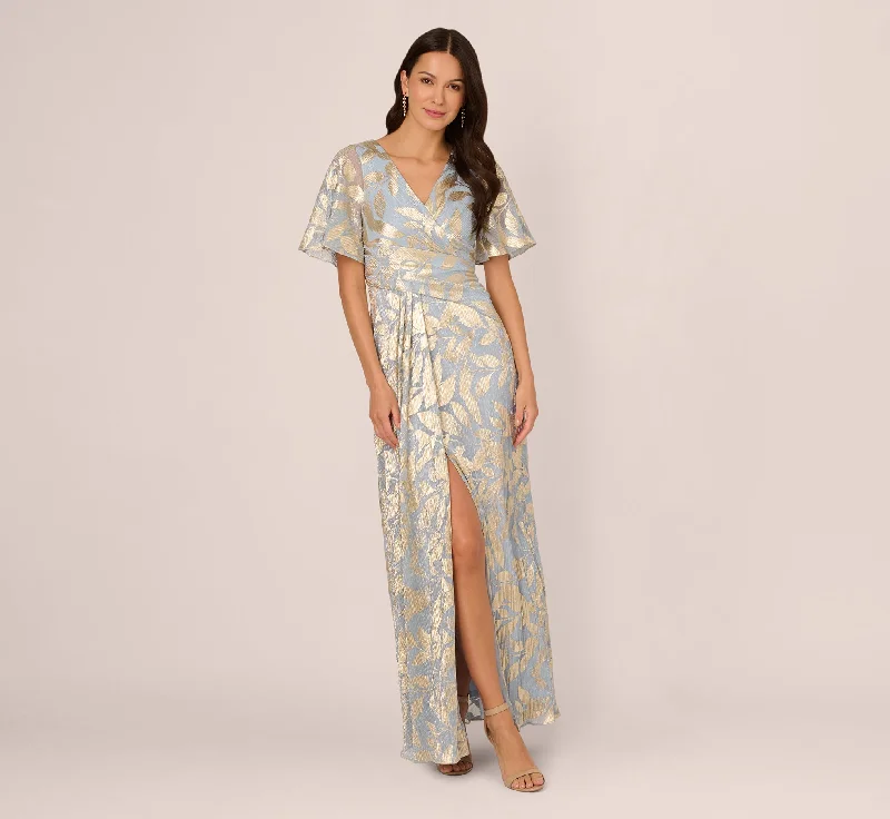 formal dresses for evening galas with sequin embellishments --Foil Leaf Short Sleeve Gown With Draped Details In Light Blue Gold