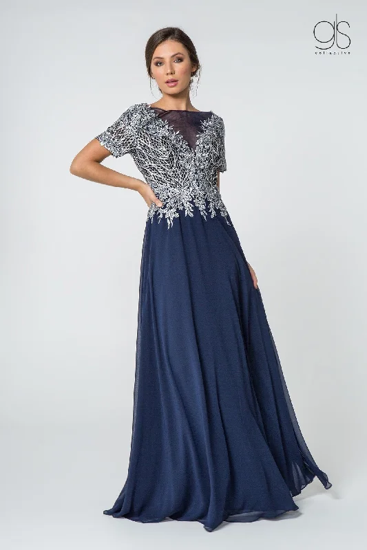 Wedding guest dresses with off-shoulder necklines for a graceful touch -Short-Sleeve Gown with Glitter Lace Bodice by Elizabeth K GL2826