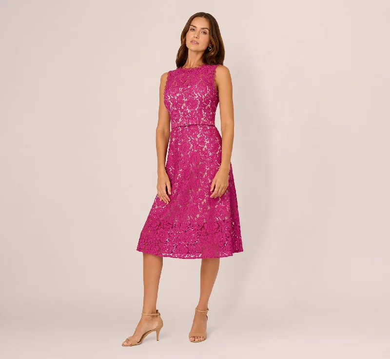 Spring dresses for travel with wrinkle-free fabrics -Sleeveless Lace Fit And Flare Dress With Sheer Details In Orchid
