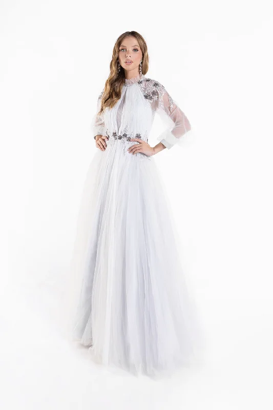 Trendy wedding guest dresses in pastel colors for a soft look -Long Sleeve Tulle A-line Gown by Lucci Lu C8057 - Outlet