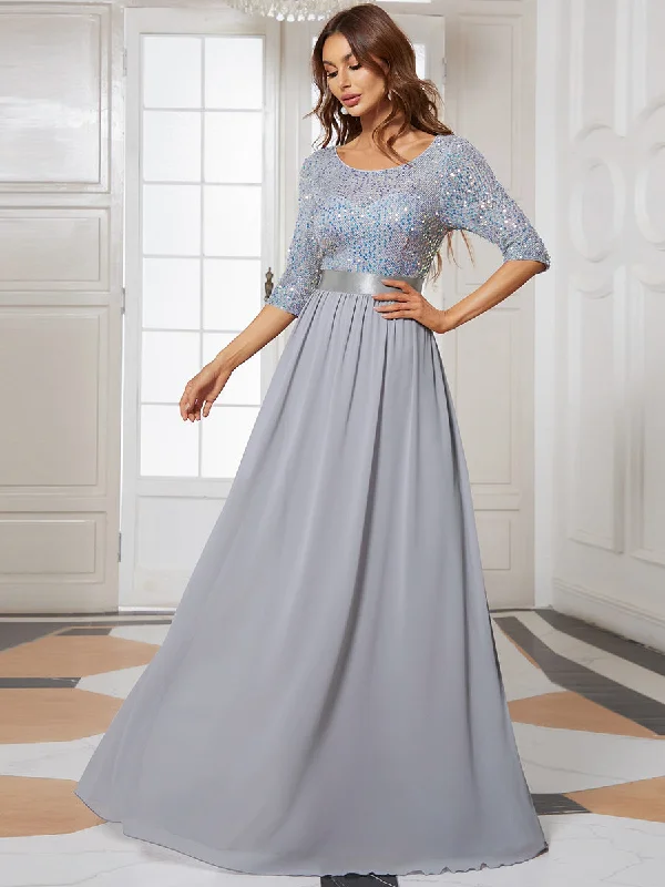 formal dresses for business galas with classic cuts --Elegant Round Neckline 3/4 Sleeve Sequins Patchwork Wholesale Evening Dress