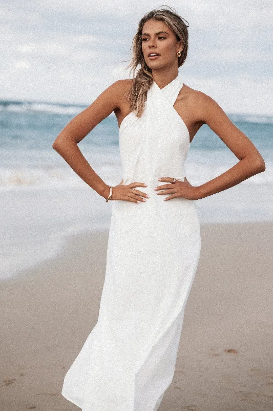 Graduation dresses with off-the-shoulder designs for a chic look -Betsy Halterneck Maxi Dress - White