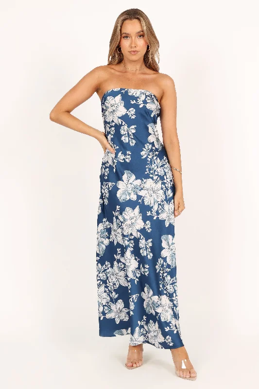 cocktail dresses with lace backs for intricate detail --Gemma Strapless Maxi Dress - Blue Floral