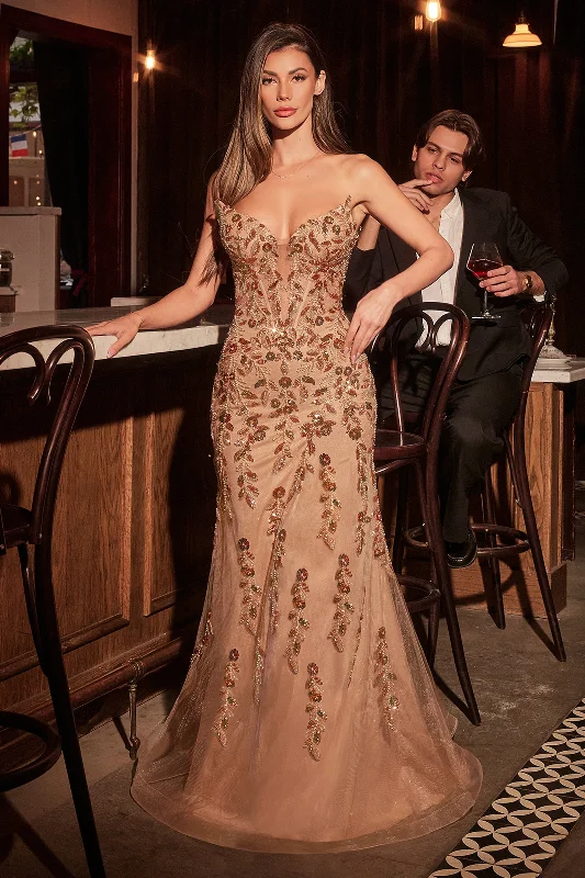 cocktail dresses with satin belts for waist definition --Beaded Tulle Strapless Gown by Ladivine CM382