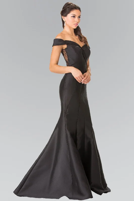 cocktail dresses with sequin skirts for party nights --Long Off The Shoulder Dress with Sheer Lace Back by Elizabeth K GL2213