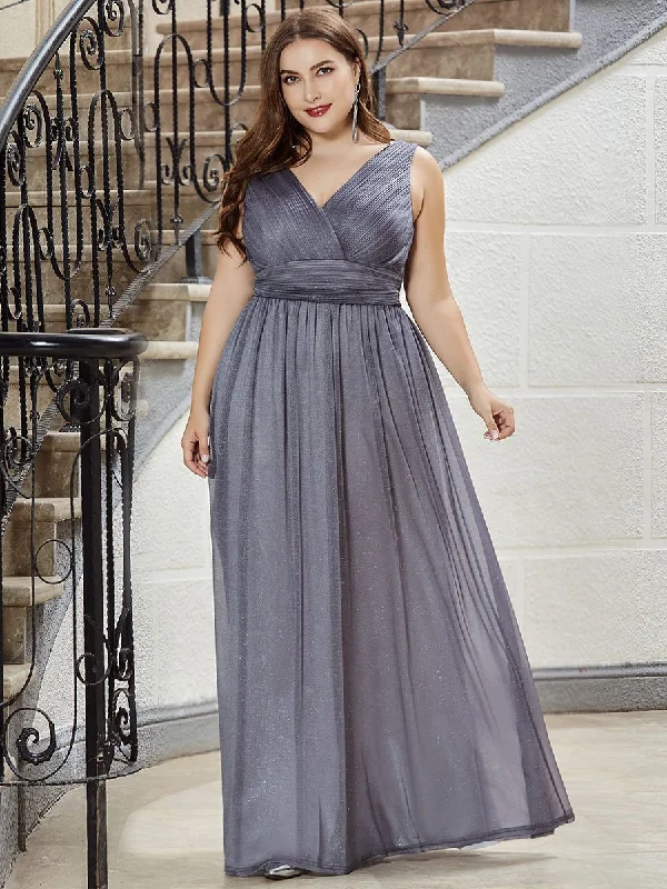 Romantic velvet party dresses for winter events -Double V Neck Maxi Long Plus Size Evening Dresses for Party