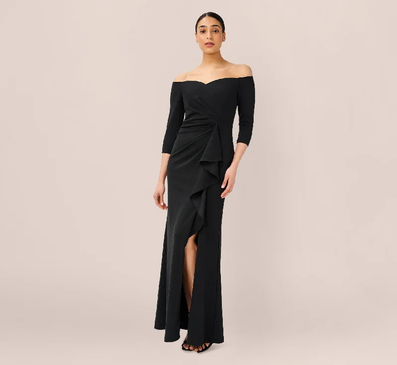 formal dresses for winter weddings with velvet and long sleeves --Off The Shoulder Dress With Cascading Ruffle Detail In Black
