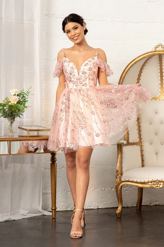 Pretty party dresses for outdoor weddings -Embellished Short Cold Shoulder Dress by Elizabeth K GS1996