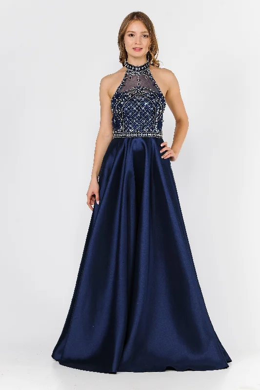cocktail dresses with bow accents for feminine touch --Long High-Neck Illusion Dress with Beaded Bodice by Poly USA 8344