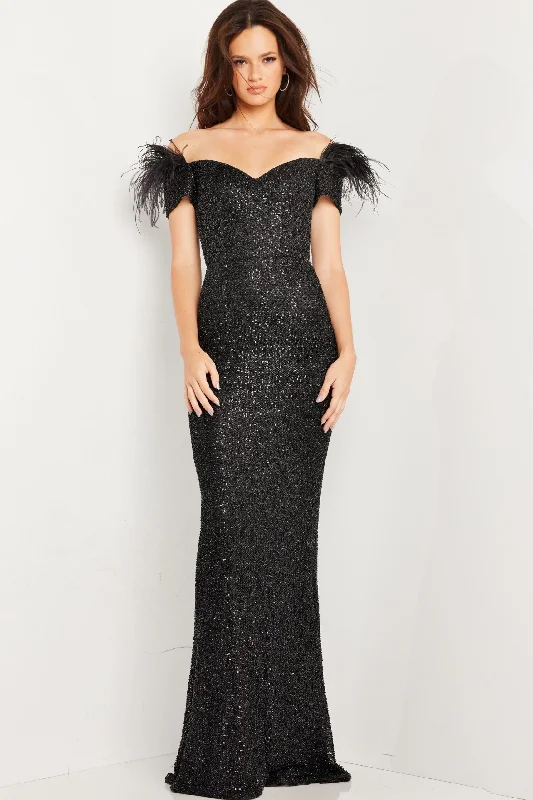 formal dresses with lace necklines for feminine touch --Sequin Feather Fitted Short Sleeve Gown by Jovani 37562