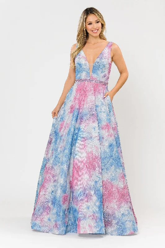 cocktail dresses with long sleeves for cooler weather --Long A-line Glitter Tie Dye Formal Dress by Poly USA 8346