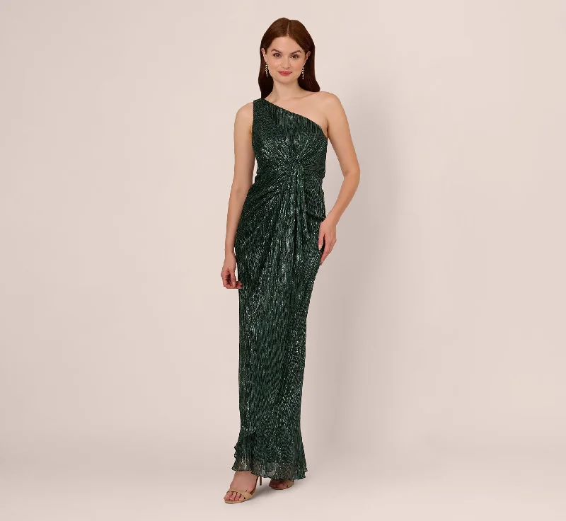 formal dresses with tiered skirts for volume and movement --Stardust Pleated Draped One Shoulder Gown In Green Pine