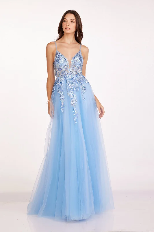 cocktail dresses with ruched bodices for flattering fit --Floral Applique V-Neck Gown by Abby Paris 90226