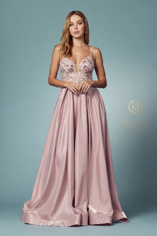 cocktail dresses with lace sleeves for modesty --Sleeveless Iridescent A-line Gown by Nox Anabel E1004
