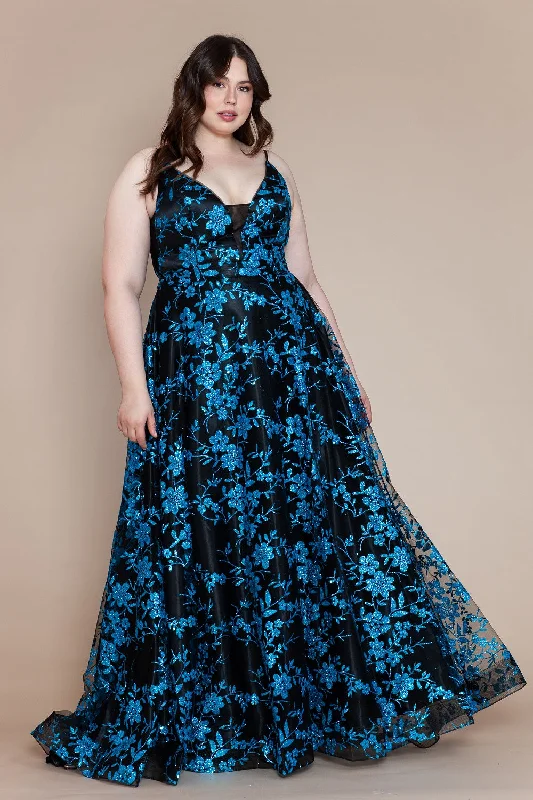 Best wedding guest dresses for springtime celebrations -Plus Size Glitter Print Sleeveless A-line Gown by Poly USA W1134