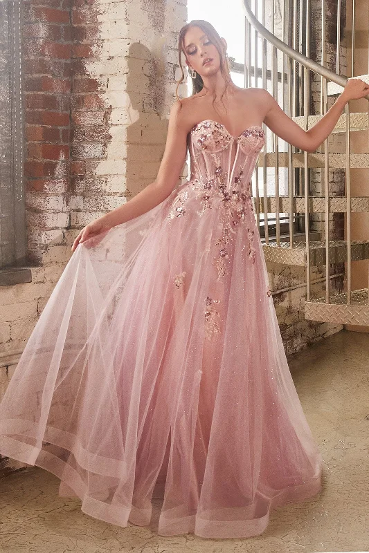 formal dresses with mesh sleeves for subtle coverage --Applique Strapless Corset Tulle Gown by Ladivine CB142