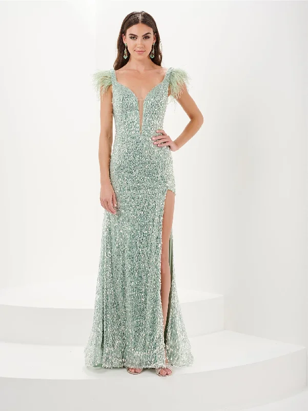 Wedding guest dresses in bright, festive colors -Fitted Sequin Feather Slit Gown by Tiffany Designs 16055