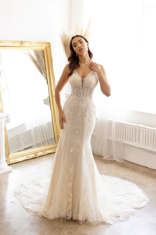 Modern wedding guest dresses with minimalist designs -Fitted Tulle Lace Bridal Gown by Abby Lane 97186