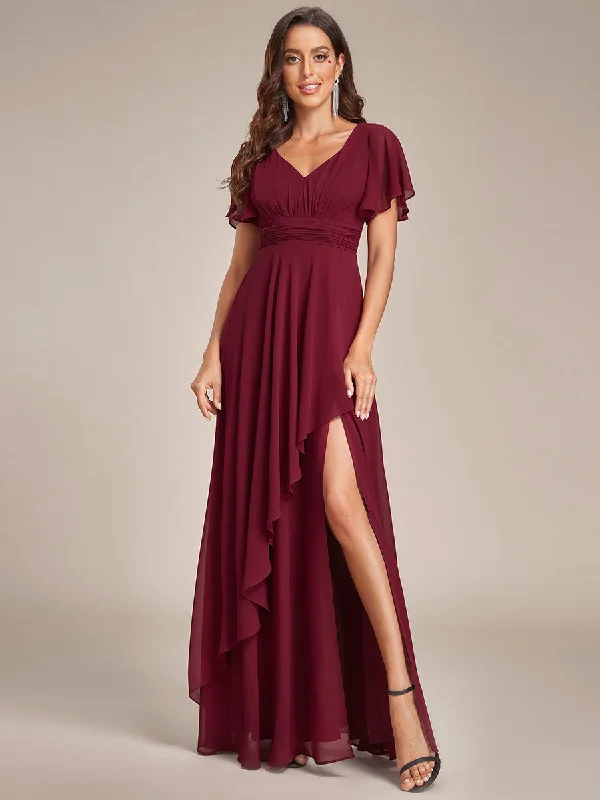 formal dresses for winter balls with faux fur accents --Side Split V Neck Ruched Wholesale Chiffon Bridesmaid Dresses