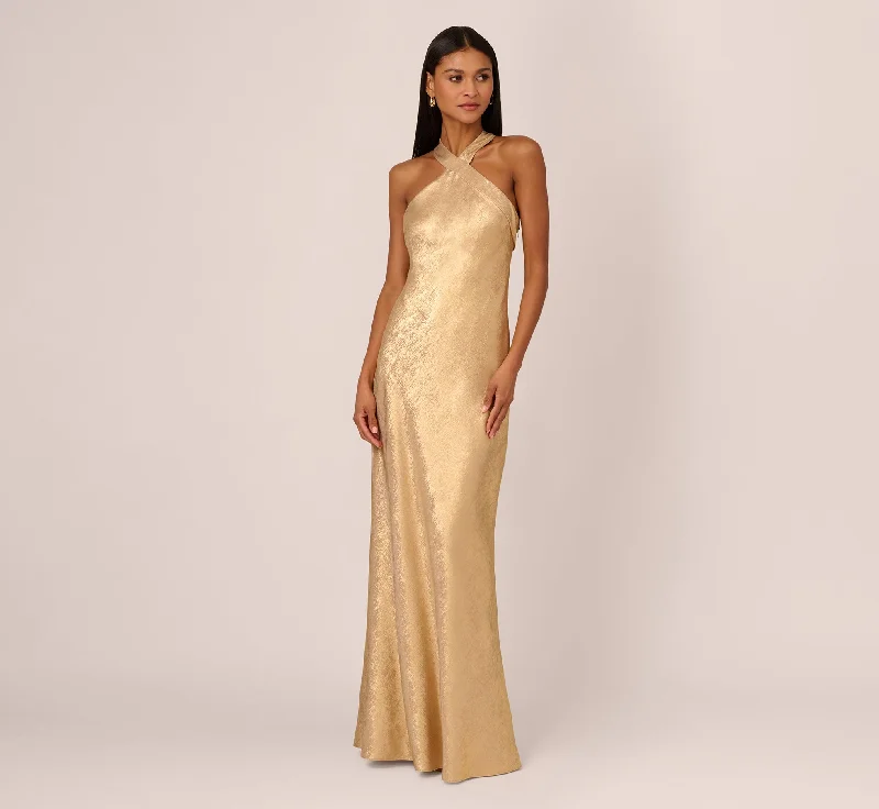formal dresses for cocktail receptions with fitted bodices --Foiled Mermaid Gown With Halter Neckline In Light Gold