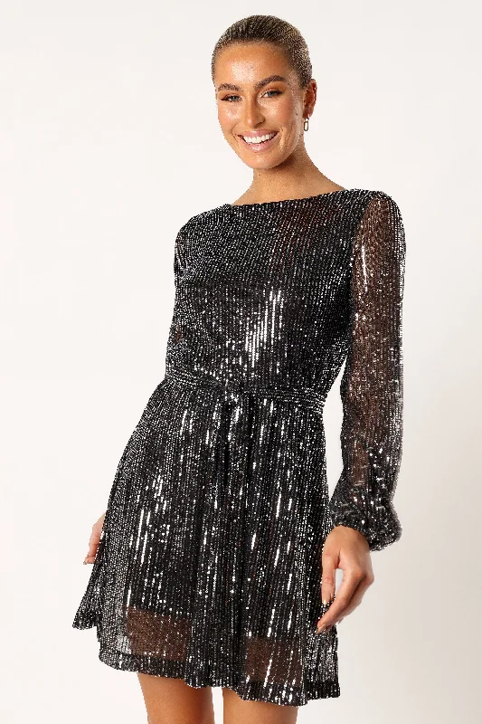 cocktail dresses with sweetheart necklines for romantic looks --Linnie Long Sleeve Mini Dress - Black Sequin