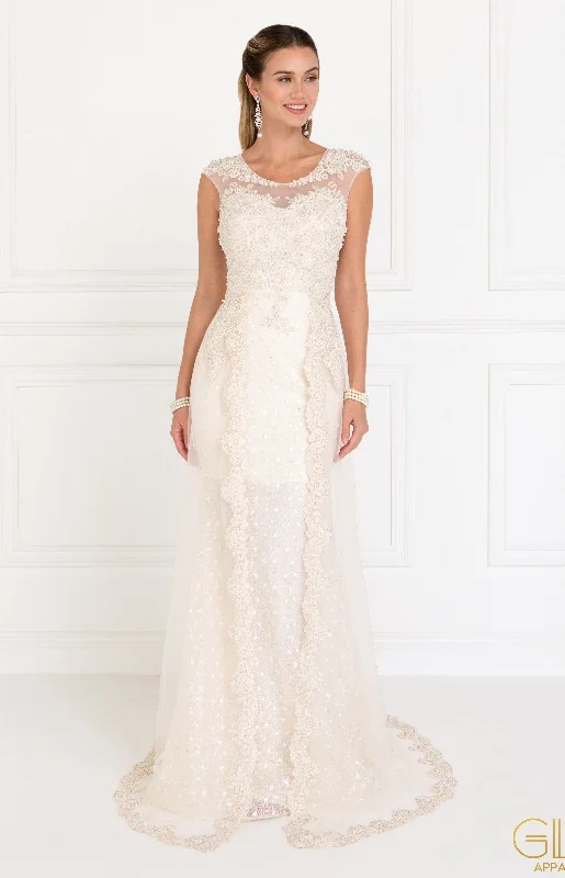 Affordable but high-quality wedding guest dresses for every budget -Embroidered Long Cap Sleeve Lace Dress by Elizabeth K GL1539