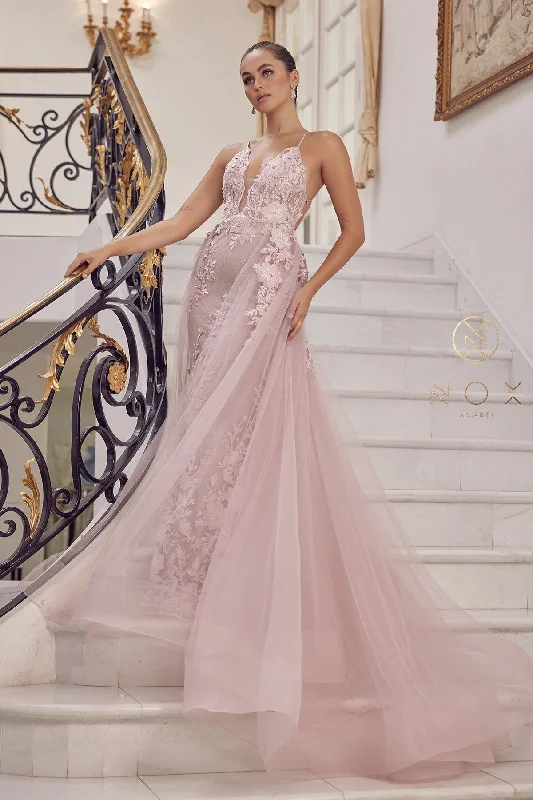 formal dresses for business galas with sleek designs --Lace Applique Fitted Overskirt Gown by Nox Anabel F485